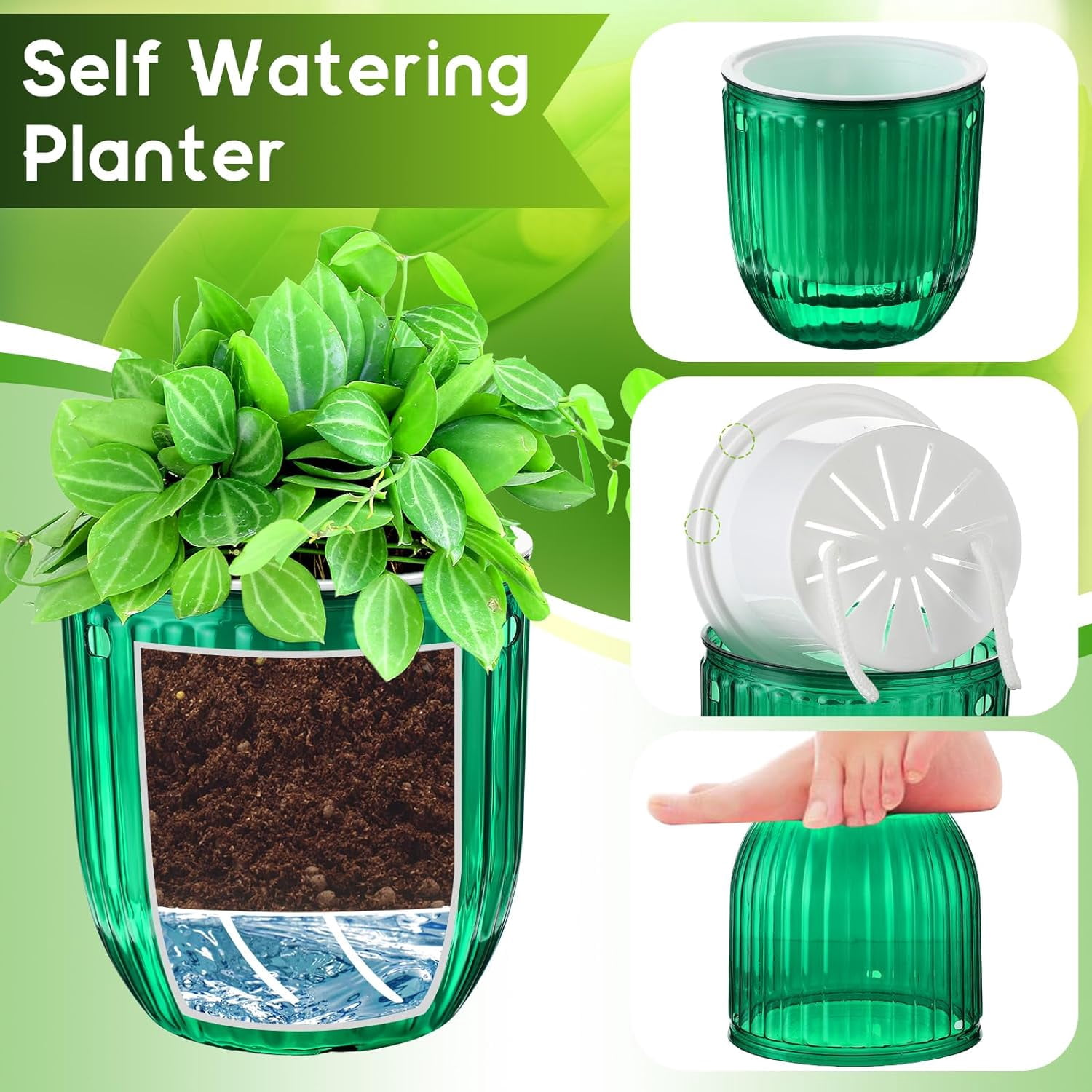 3 Pack 4.5 Inch Self Watering Hanging Planter, Hanging Planters for Indoor Plants Basket Bulk Outdoor Plastic Hanging Plant Pots with 3 Hook Chains Drainage Holes for Garden Home(Green)