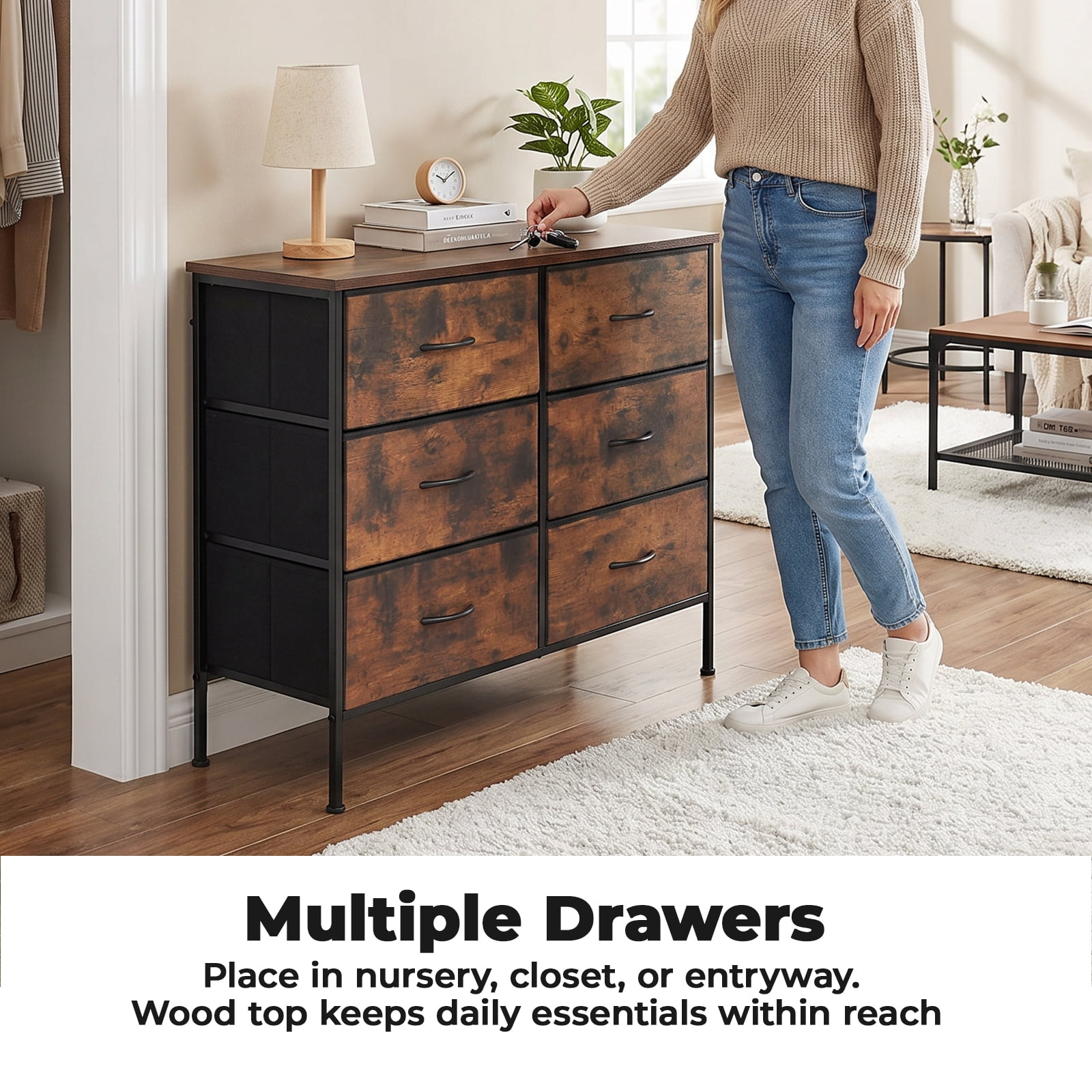 Alvantor Tall Dresser Fabric Storage Tower ,Wooden Top for Kid Room, Closet, Entryway, Nursery