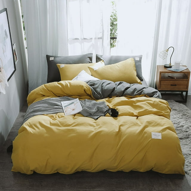 Graflsoa Ensemble de Housse de Couette Couleur Unie Toucher Doux avec Design Bicolore, Comprend Drap et Taies d'Oreiller, Plusieurs Options de Couleur (Jaune+gris, Rose+gris, Blanc+gris, Violet+gris, Orange Rosé+gris)