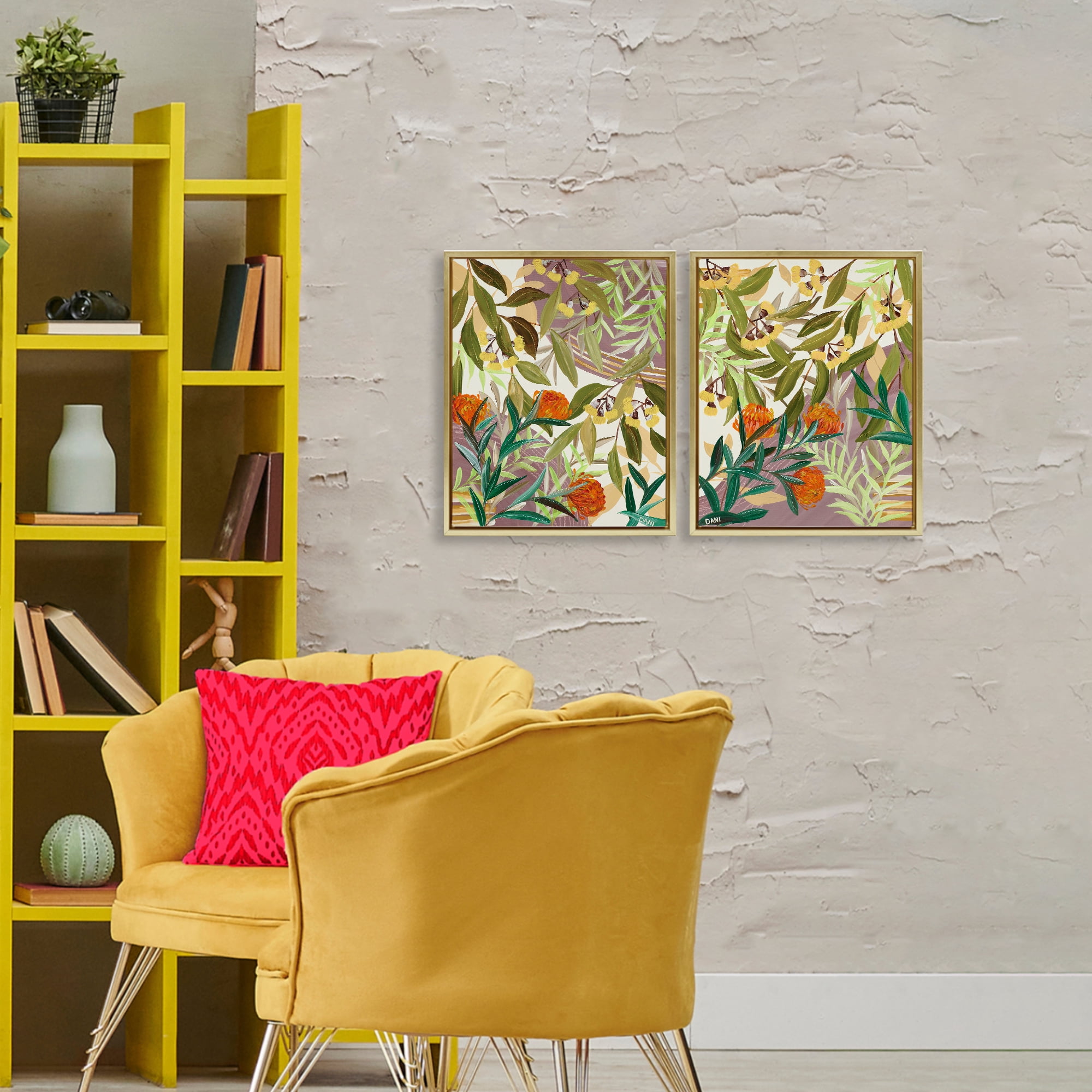 Stupell Industries Walk With Me Botanicals 2 Piece Gold Framed Floater Canvas Set, design by Dani Heyward