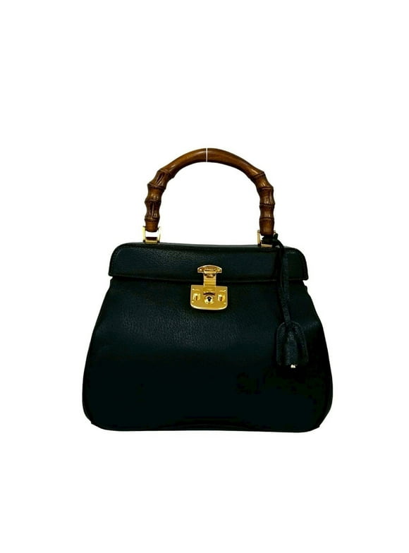 Pre-Owned GUCCI Old Gucci Vintage Bamboo Ladylock Leather Handbag in Black 33787 (Good)