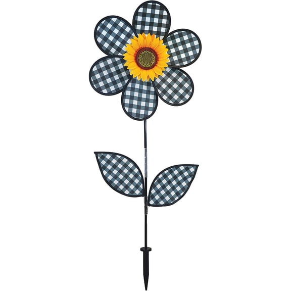 In the Breeze 2648 — 16-Inch Gingham Sunflower Spinner with Leaves, Checker Flower Spinner