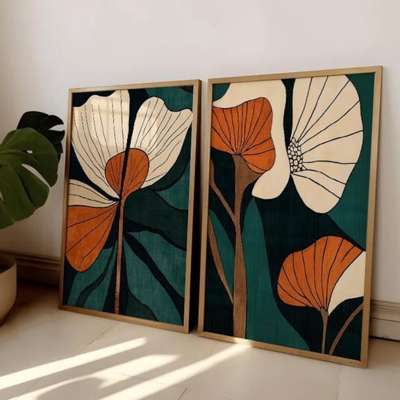Abstract Botanical Floral Mid Century Retro Bedroom Wall Art Set 2 Unframed Paper Print 8x12
