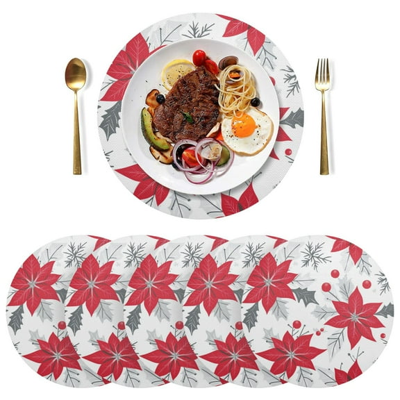 Round Placemats Plate Mats 15 Inch Non-Slip Heat Resistant Washable PVC Set Table Decoration for Kitchen Dining Red Poinsettia Pattern