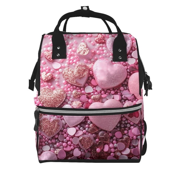 Fuzoiu Pink Glitter Heart Candy Print Diaper Bag Backpack,Baby Essentials Travel Tote,Multi function Waterproof Diaper Bag, Travel Essentials Baby Bag - Unisex