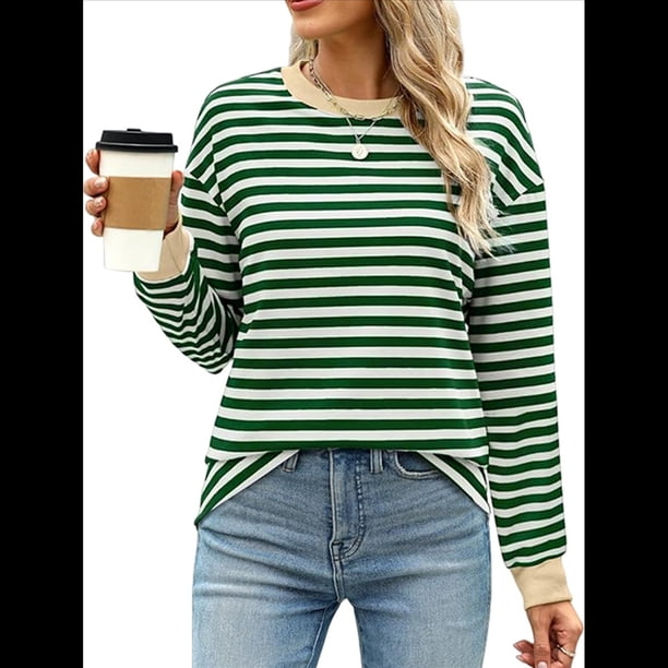 Tops Tipo Túnica para Mujer, Camisas A Rayas de Larga, Tops de Cuello Redondo Verde Oscuro M