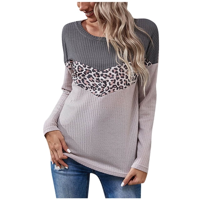 Tops de manga larga recreativos con estampado de leopardo y cuello redondo para mujer Fridja fjkfkj1193