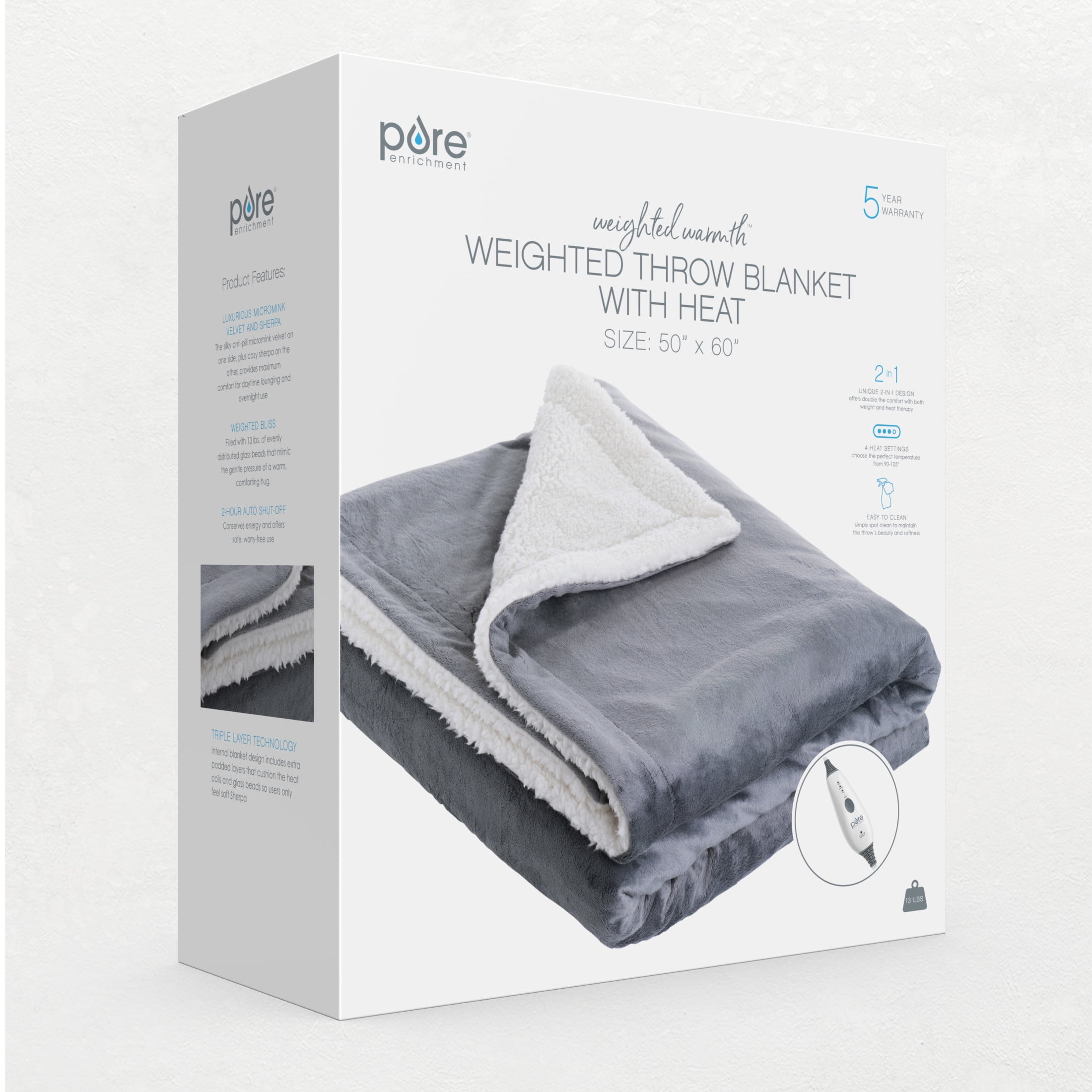 Pure Enrichment WeightedWarmth - 2-in-1 Heated Weighted Blanket, 13 lbs (50” x 60”) Large, 4 Relaxing InstaHeat Settings, Cozy and Soft Micromink and Sherpa, Reversible Throw with Storage Bag
