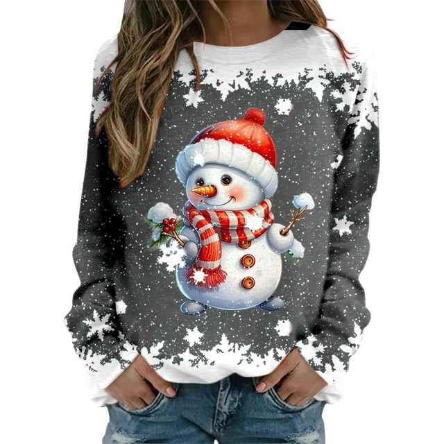 AWZXDE Chandails en Molleton Décontractés de Noël pour Femmes Col Rond Ample Manches Longues Tunique Mignons Pulls pour Femmes Confortables et Élégants Chandail en Molleton Sans Capuche