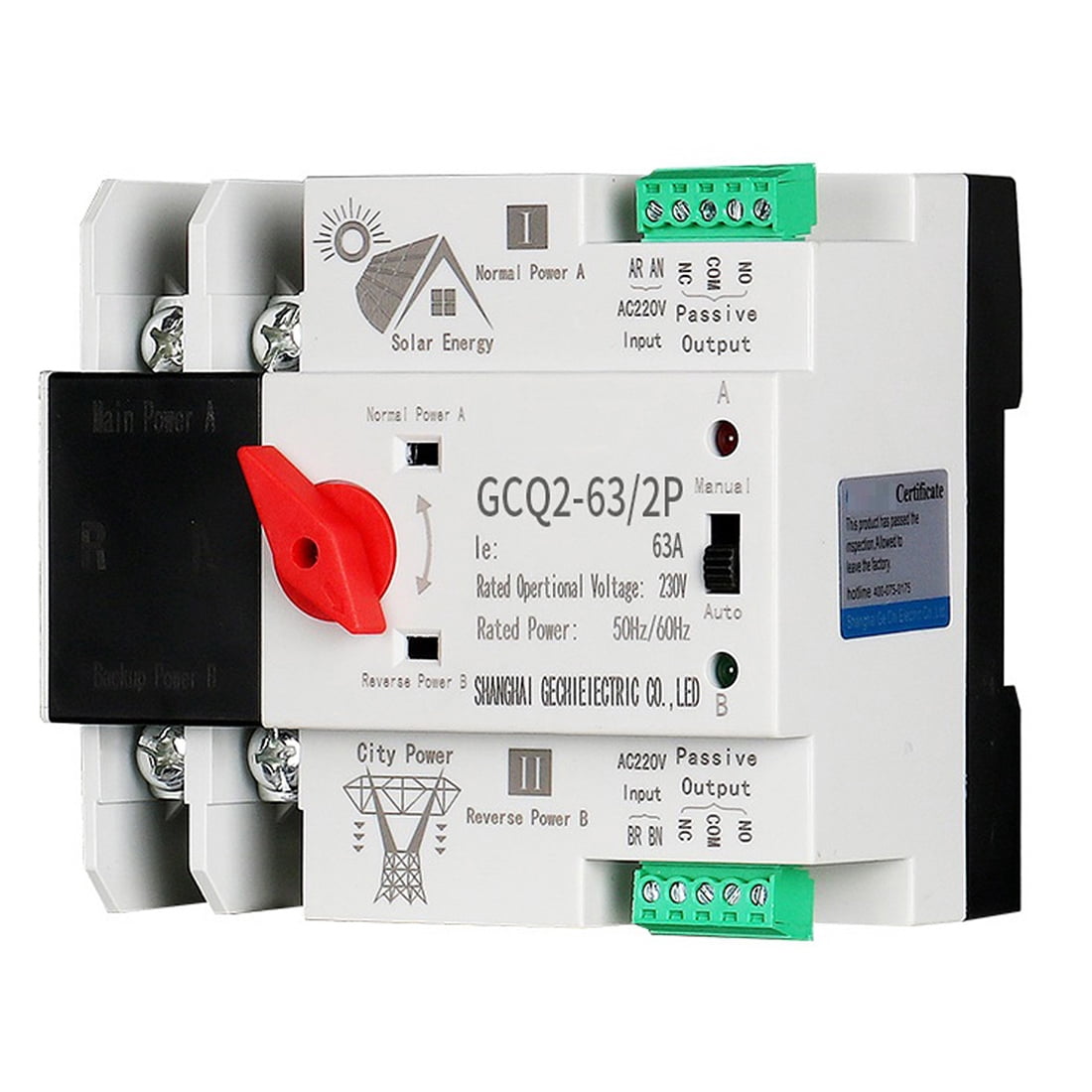 Photovoltaic Solar Power ATS Automatic Transfer Switch Din Rail 2P 63A AC220V ATS PV System Power to City Power