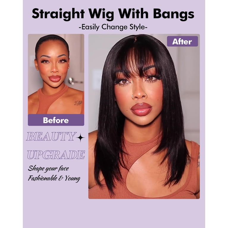 Straight Human Hair Wig With Bangs Glueless Wear and Go 2x4  display picture 1