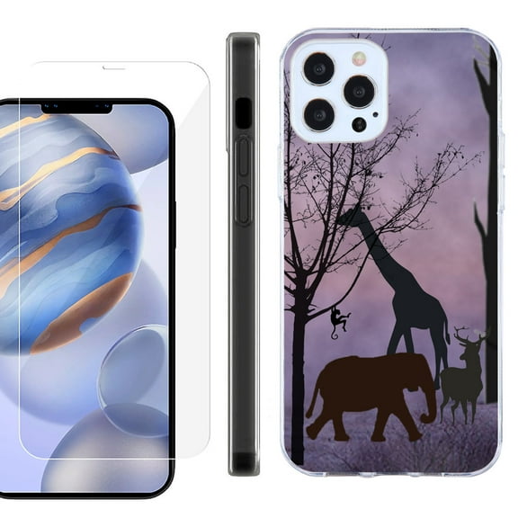 Slim Fit Protective Phone Case for Apple iPhone 12 / iPhone 12 Pro, with Tempered Glass Screen Protector, by OneToughShield ® - Twilight Safari