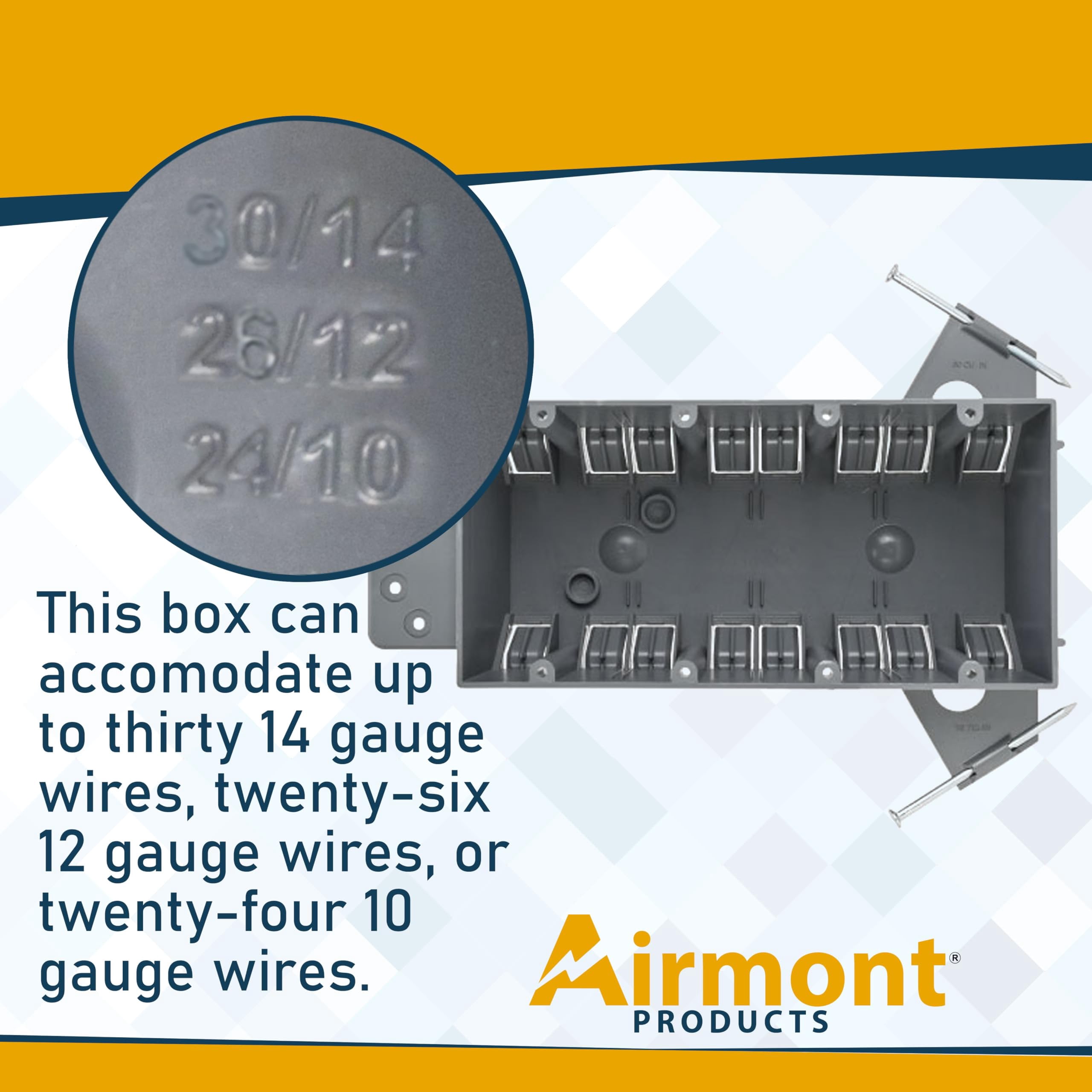 4 Pack 6-Gang Plastic Electrical Box, Grey Outlet Box, Four Gang New Work Junction Box, Captive Nails, 55 cu. Inches, Length 7-3/5'', Width 3-7/10'', Depth 2-1/2''