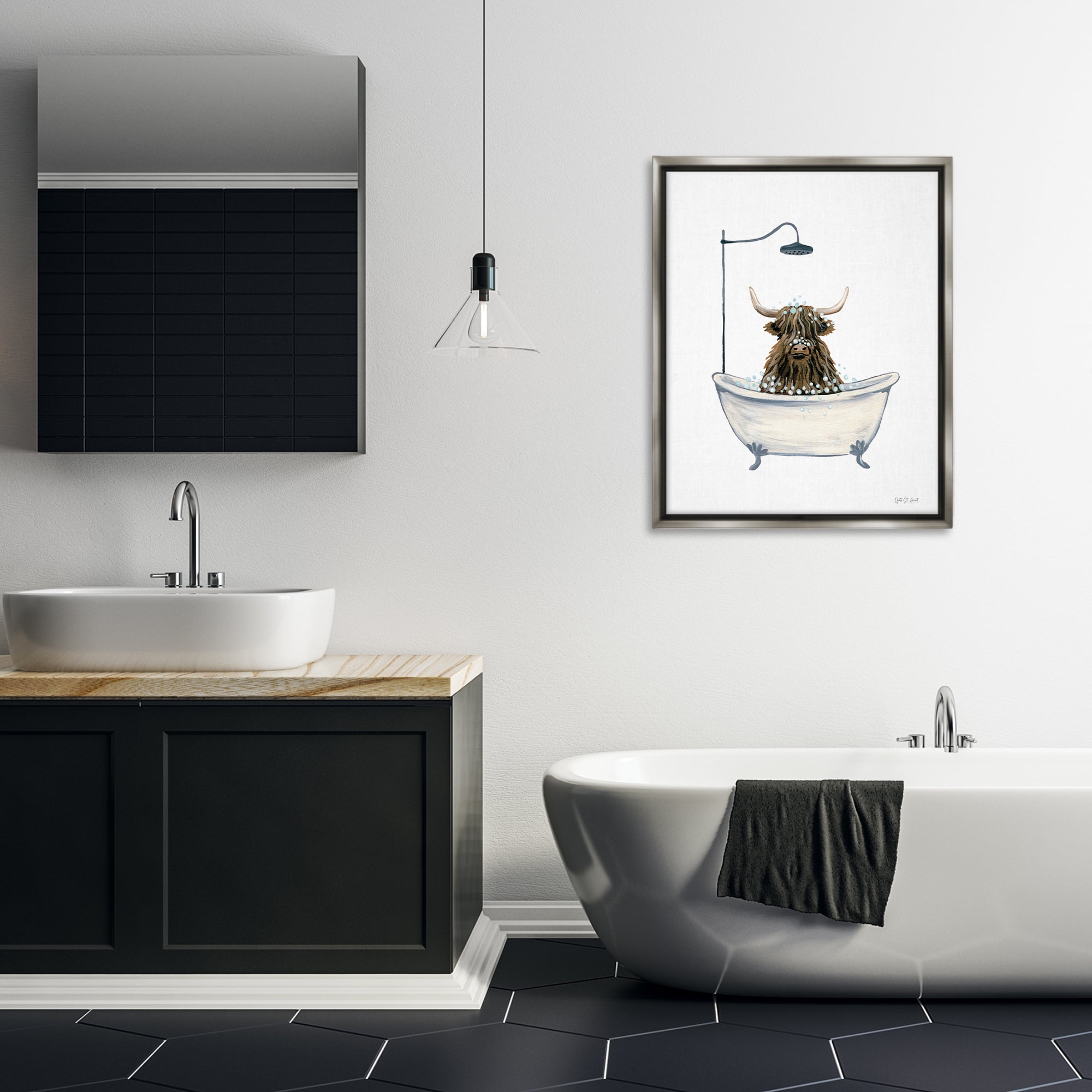 Stupell Industries Highland Cow Bathtub Typography Painting Gray Floater Framed Canvas Art Print Wall Art, 25 x 31