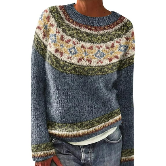 AJHSAKLt Pullover Sweaters for Women Knitted Isle Print Retro Sweater Casual Loose Crewneck Long Sleeve Lightweight Cropped Tops Lightweight Sweaters for Women Blue