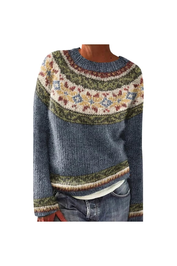 Pullover Sweaters for Women Knitted Isle Print Retro Sweater Casual Loose Crewneck Long Sleeve Lightweight Cropped Tops Lightweight Sweaters for Women Blue