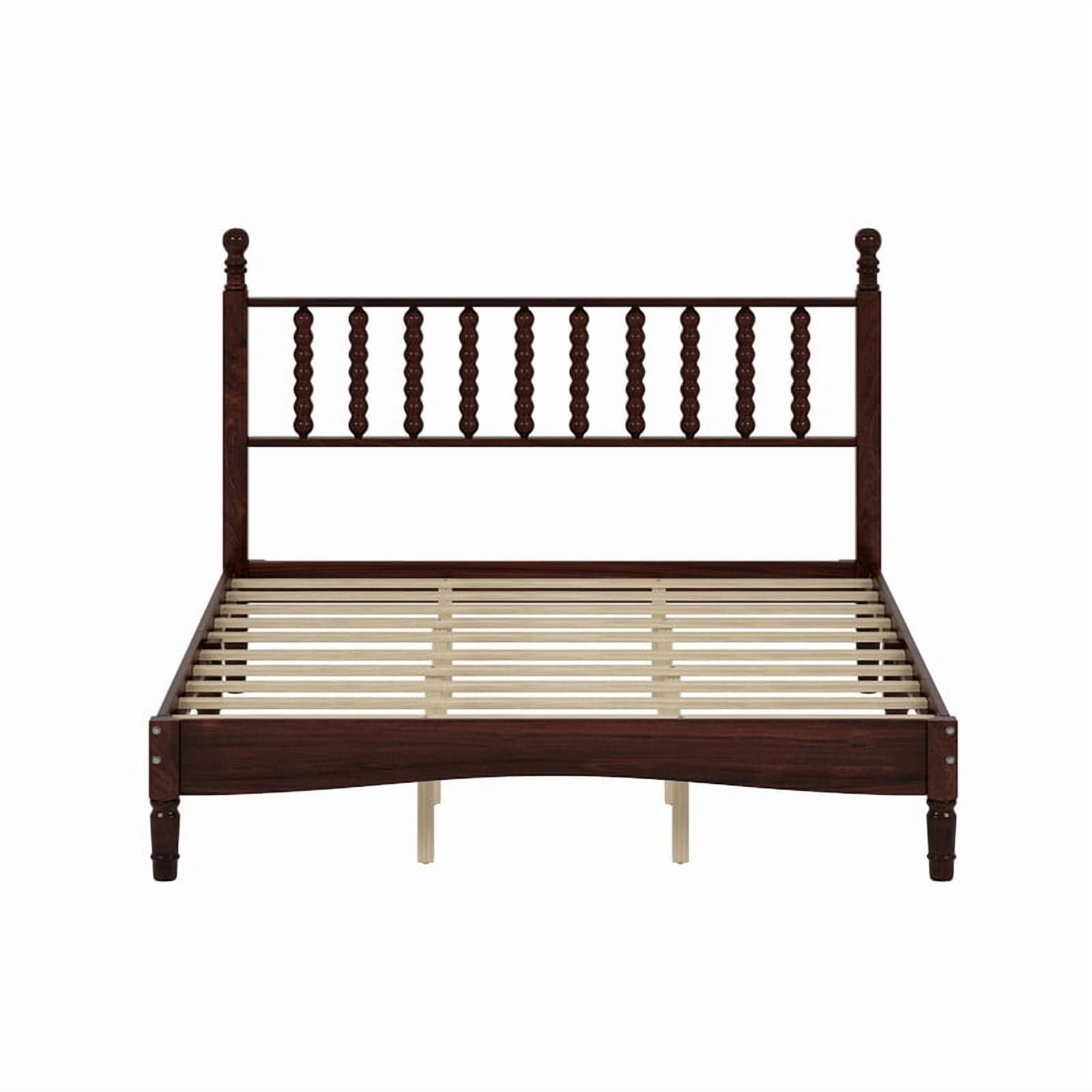 Mid-Century Modern Queen Size Wood Platform Bed with Gourd Shaped Headboard, Retro Style Low Profile Bed Frame with Slats Support