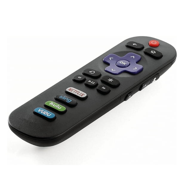 Universal Remote Control applicable for all smart TVs, featuring a black body with a purple directional pad and dedicated buttons for streaming services like Netflix, Sling, Hulu, and Vudu. Designed for easy use with no setup required, it operates via infrared technology for a strong signal and stable performance. Soft buttons ensure comfortable operation.