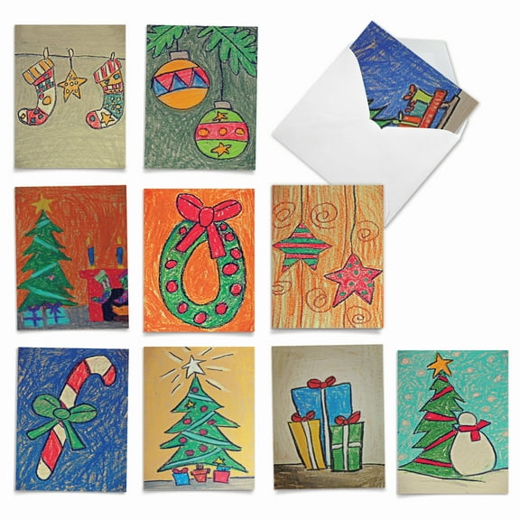 10 Assorted Merry Christmas Note Cards Pack - Xmas Coloring