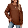 thumbnail image 2 of Sudadera de manga larga empalmada para mujer, Top informal de cuello redondo de Color puro para otoño e invierno, café 3XL, 2 of 6