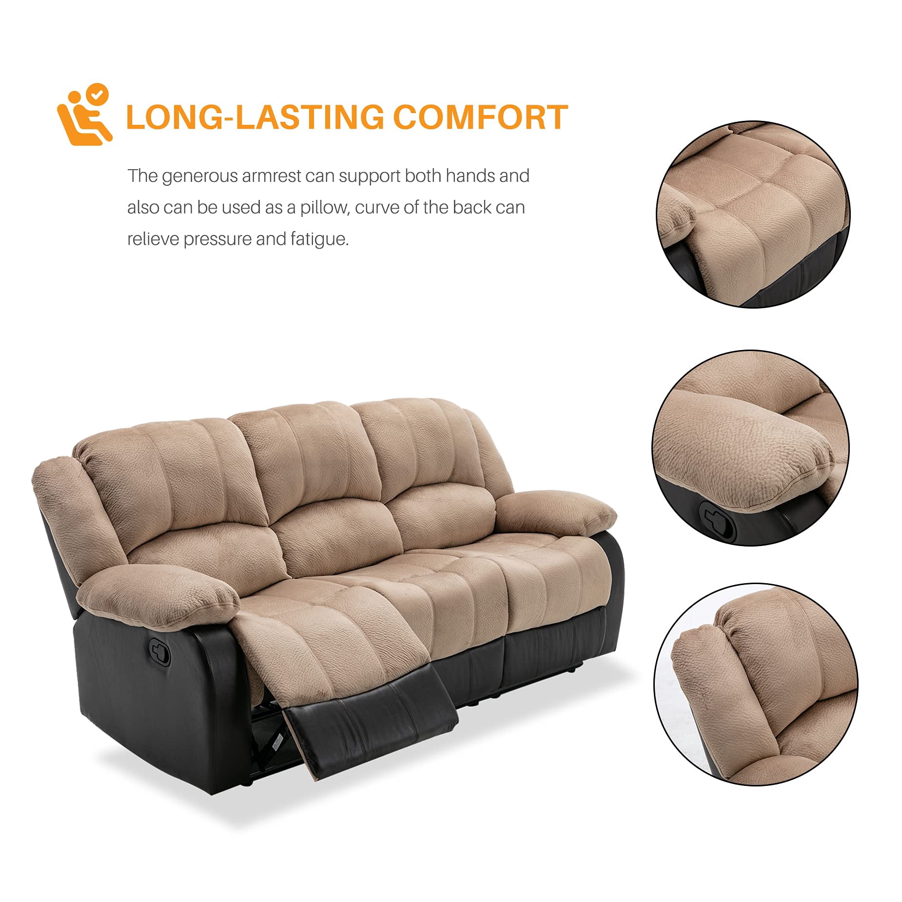Nathaniel Home Champion Manual Double Reclining Sofa, PU Leather Upholstered 3-Seat Couch, Tufted Recliner, Plush Scoop Seating, for Living Room Home Theater, Beige Adult