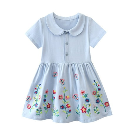 

ENFLASH 2-7T Toddler and Little Girls Cotton Polo Casual Dress Flowers Print Short Sleeve Dresses