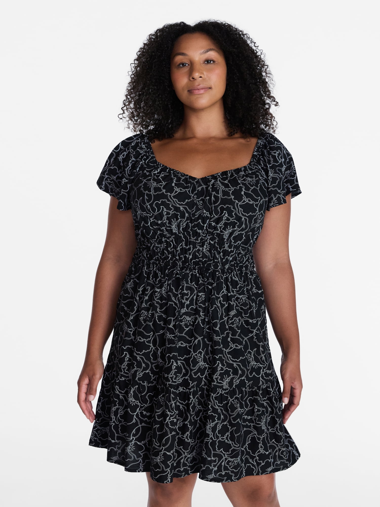 Time and Tru Women's Tie Waist Mini Dress with Flutter Sleeves, Sizes XS-XXXL