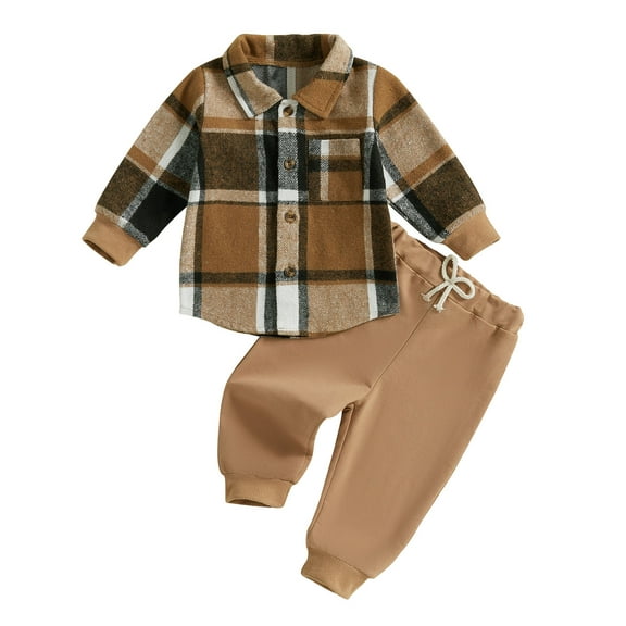 newwalpole Baby Boy Clothes Infant Toddler Boy Outfits Plaid Long Sleeve Shirt and Pants Set Fall Winter Clothing Brown for Size 18-24 Months