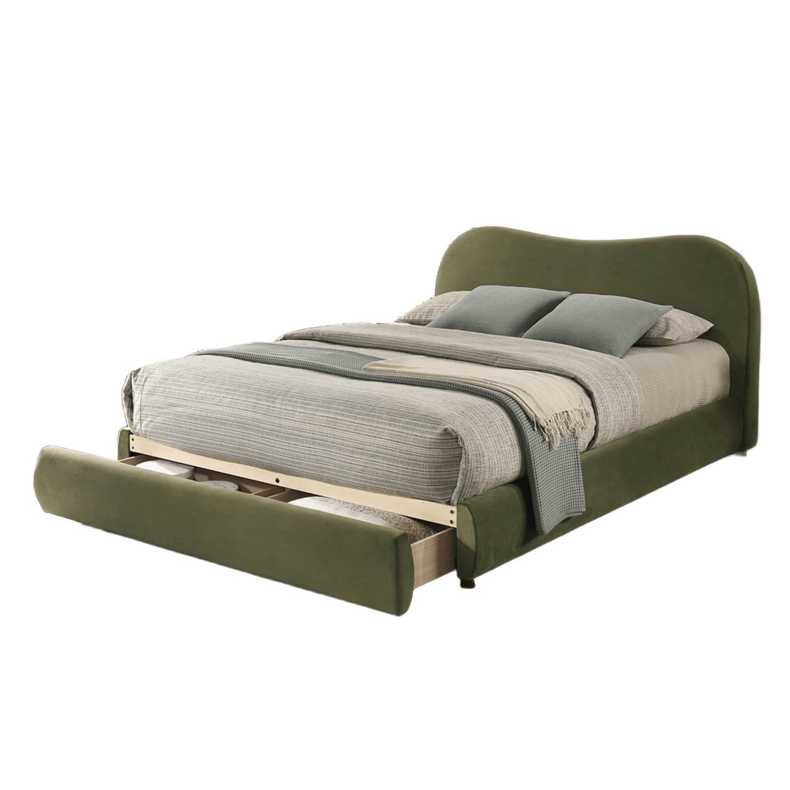 Bed Frame Olive Green Velvet Upholstered 1pc Queen Size Bed Curved Design Headboard Storage FB Bedroom Furniture Bedframe