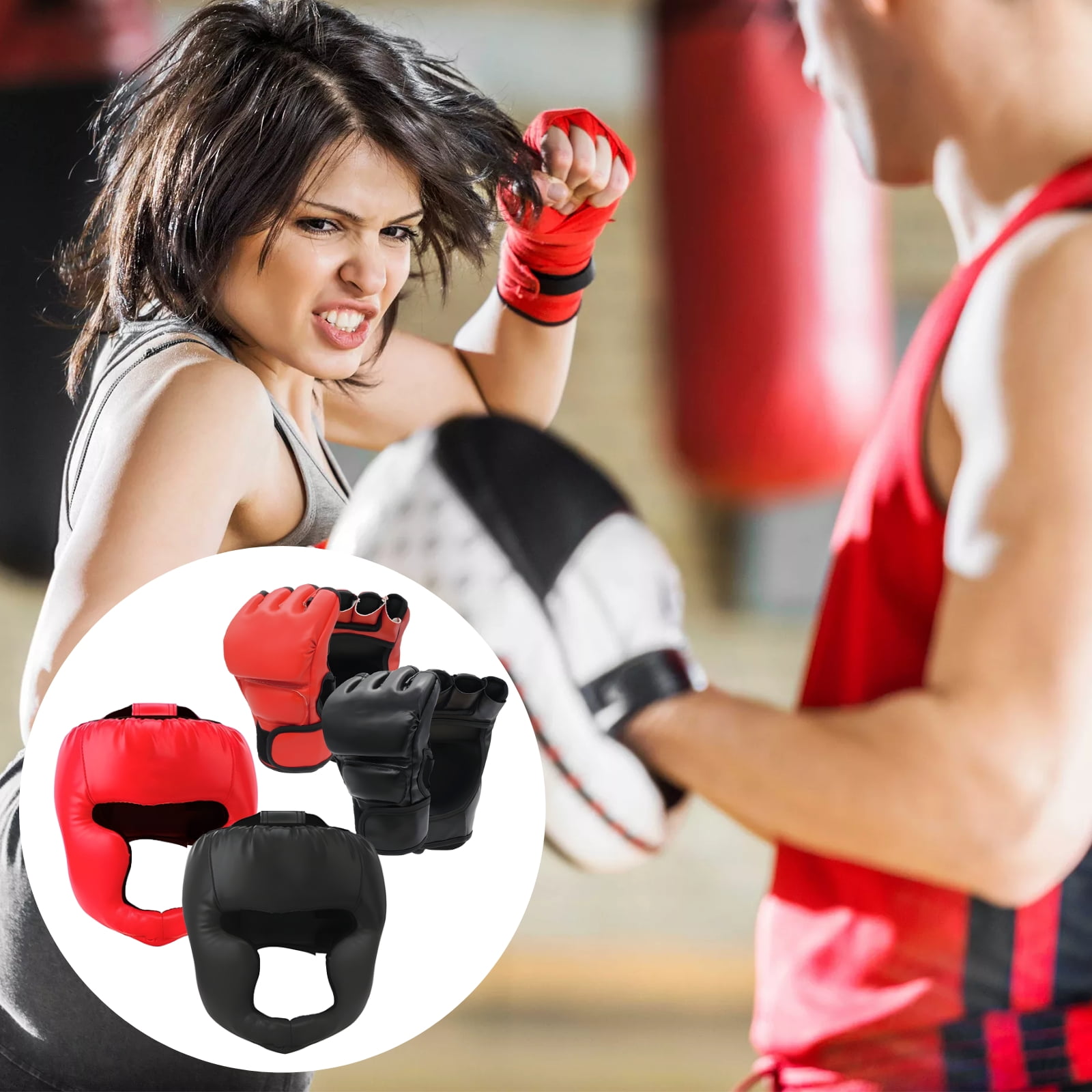 4Pcs Boxing Gloves and Headgear Set for Adults, 2 Pairs Sparring Gloves & 2 Full Face Headgear, PU Leather Protective Training Gear for Men Women