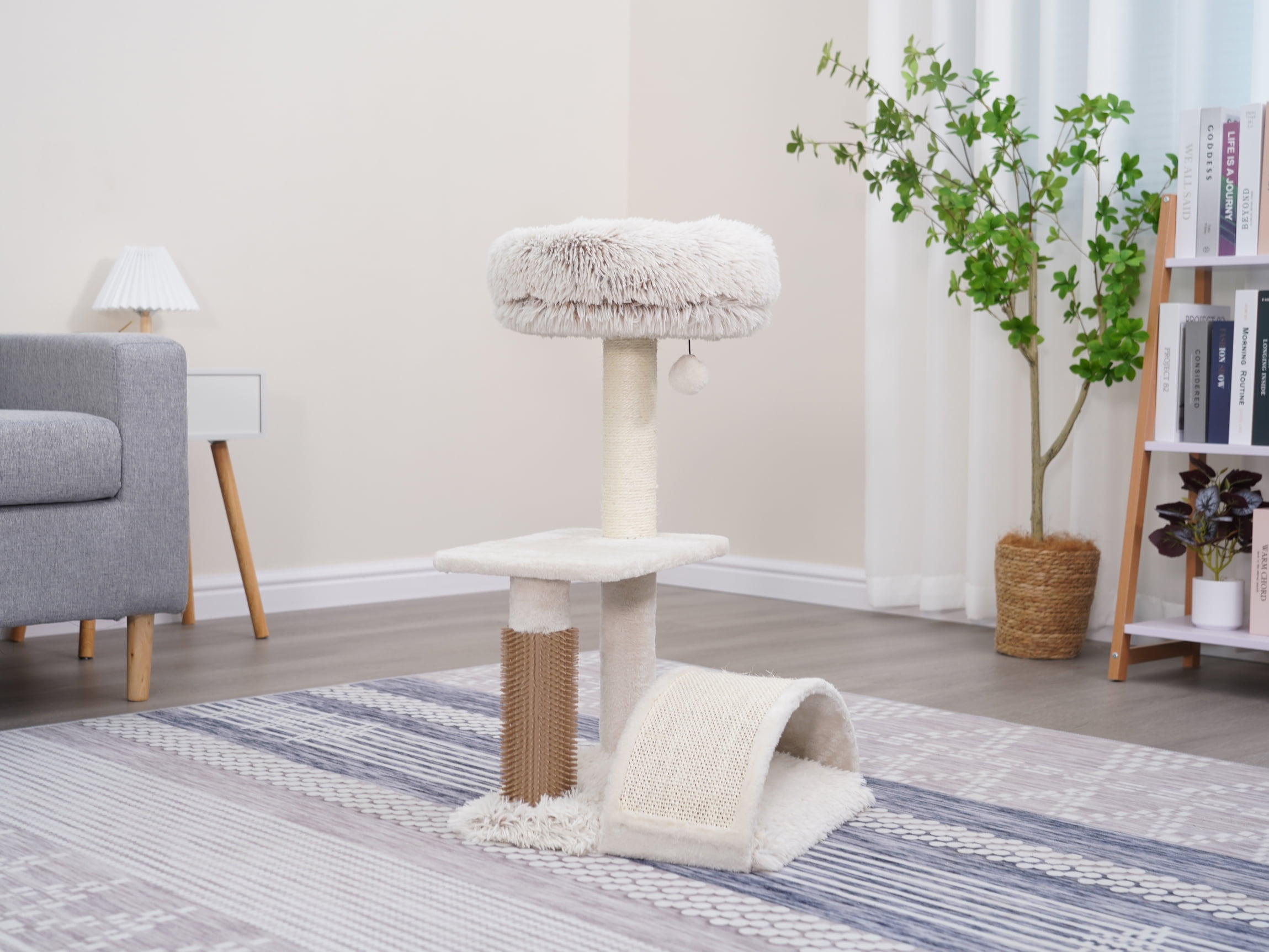 Vibrant Life 3-Level 27.8" Tall Cat Tree with Scratching Arc, Full Body Groomer, Cream