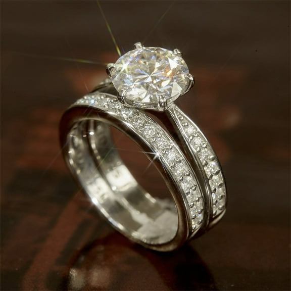 QIQUWOHUL Rhodium Plated Heart Shaped Engagement Bridal Anniversary Promise Wedding Band Ring Set
