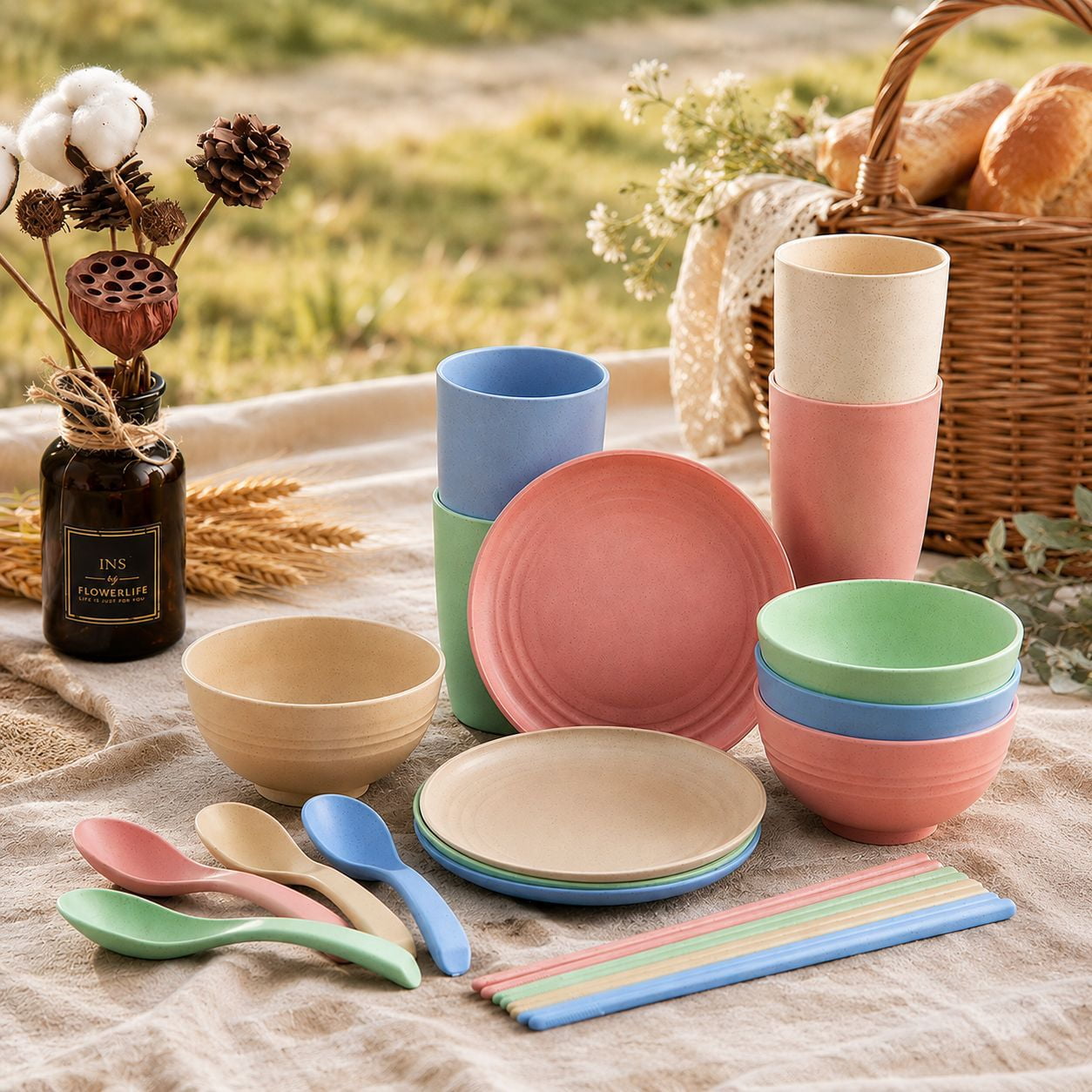 Wheat Straw Multicolor Dinnerware Sets, Unbreakable Reusable Plates Bowls Cups Spoons Cutlery Kit, Microwave Safe Tableware for Home Camping Picnic