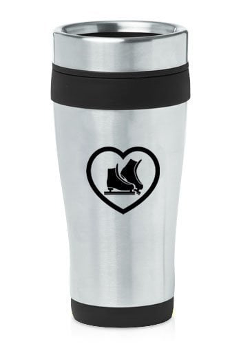 Black 16oz Insulated Stainless Steel Travel Mug Heart Ice Skates,MIP by