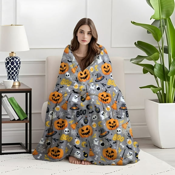 Halloween Throw Blanket - Soft Plush Witch's Hat Bat Ghost Pumpkin Blanket - Cozy Flannel Grey Halloween Decoration for Party Sofa Bed Living Room 40"x27"
