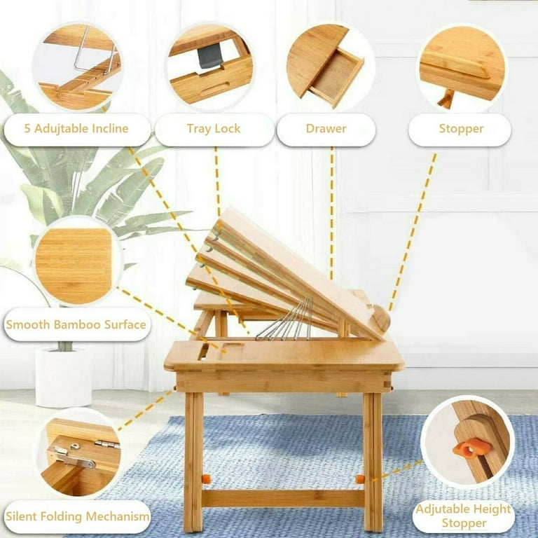 Easy Desk Bamboo Laptop Desk Table Portable Folding Breakfast Bed Serving Tray w Drawer Computer Tray Stand Holder 28