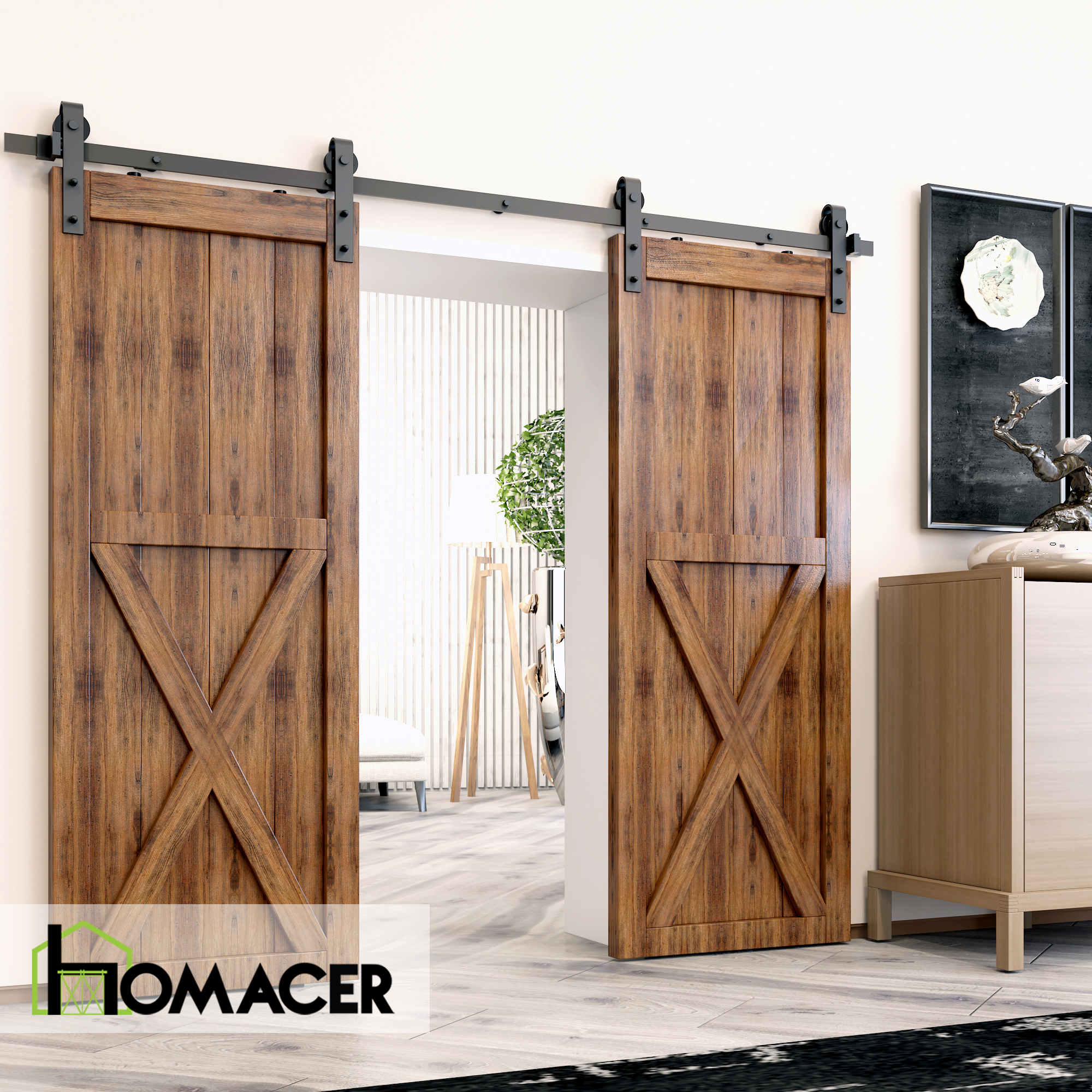 Homacer Black Rustic Sliding Barn Door Hardware Kit, for Two/Double Doors, 8ft Long Flat Track, Classic Design Roller, Heavy Duty, for Interior & Exterior Use - image 2 of 7