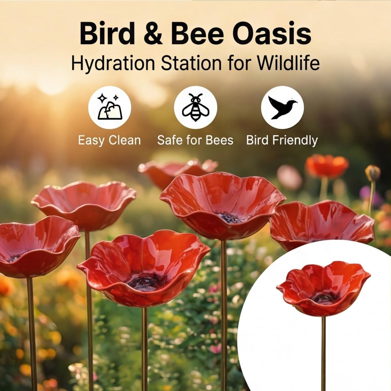 Handmade Metal Flower Garden Stake with Bee Bath & Bird Water Bowl  Decorative Outdoor Yard Art, Pollinator Watering Station, Weather-Resistant Garden Decor Gift for Bird Lovers