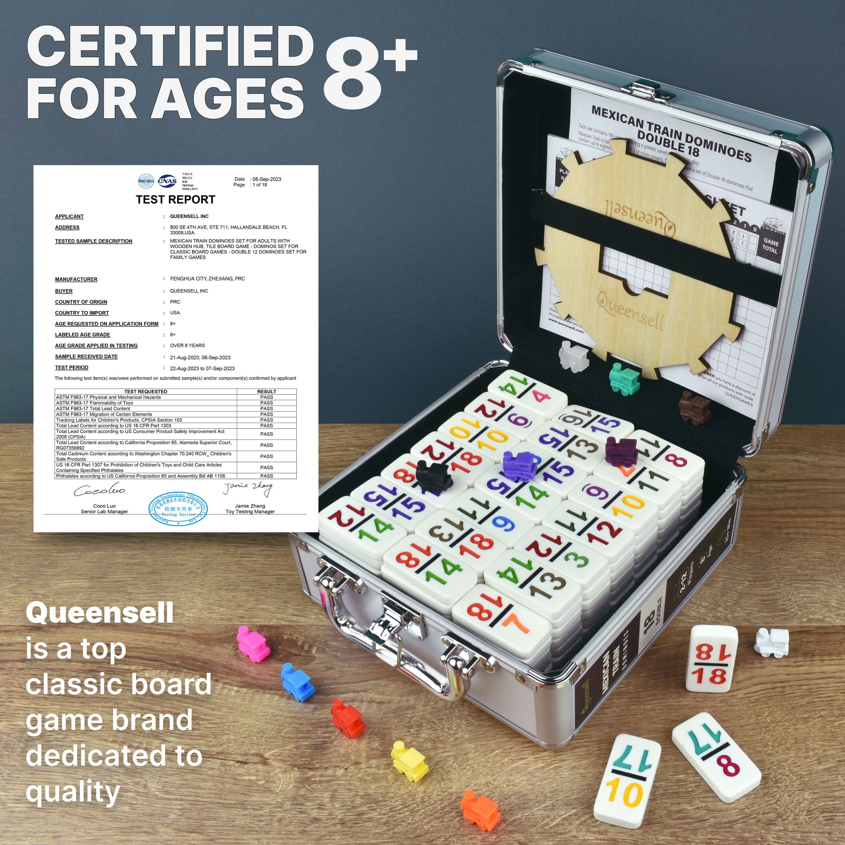 Mexican Train Dominoes Set with Numbers - Double 18 Dominos Set for Adults and Kids - Mexican Dominoes Train Game Night Games for Adults with Wooden Hub and Aluminum Case
