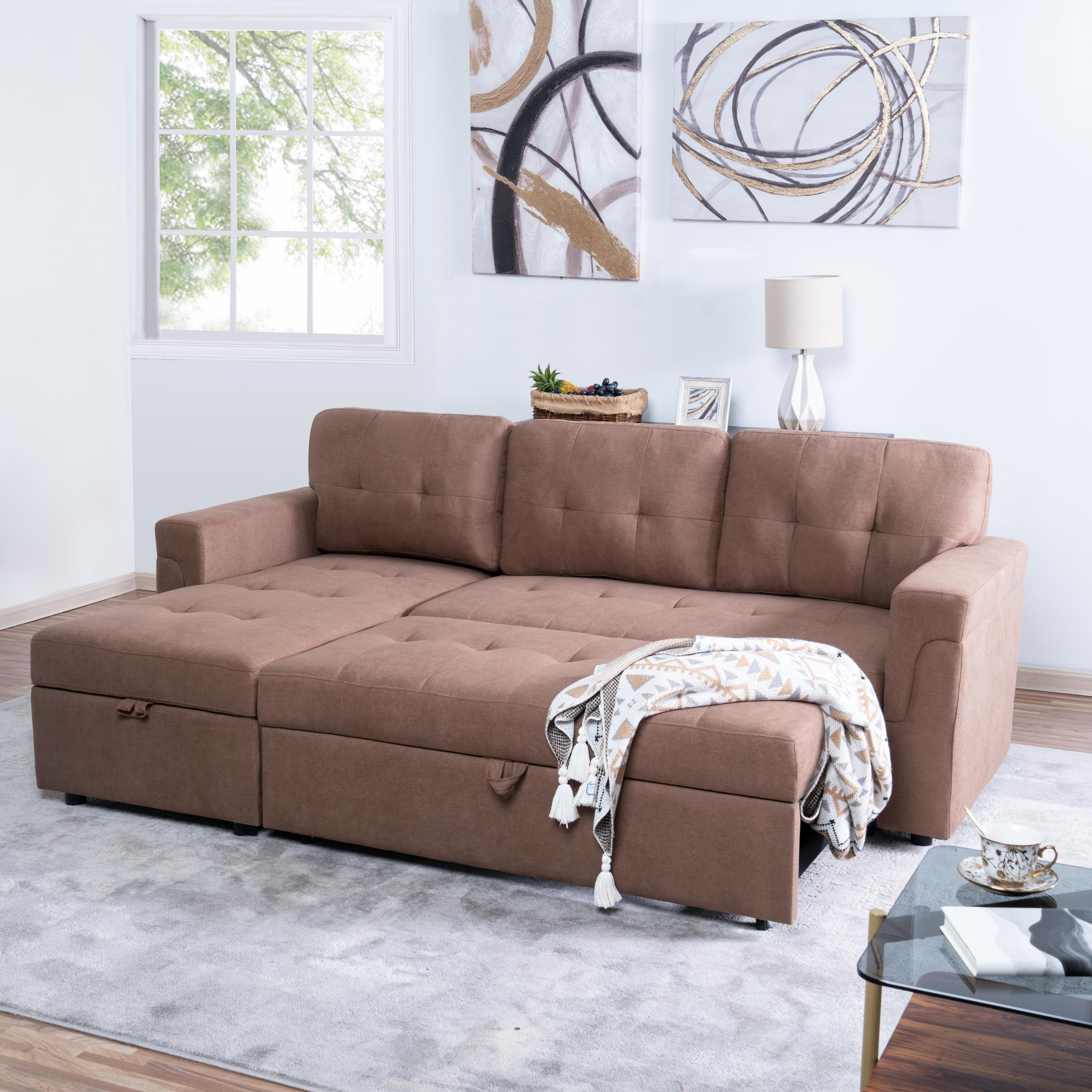 78 in. W Convertible Sleeper Sectional Sofa, L Shaped Couch for Small Space Living Room, Storage Chaise, L Shaped Pull Out Sofa -Color:Mocha,Fabric:Velvet