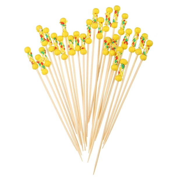 Uxcell 100Pcs Palillos de cóctel con doble perlas de bambú para bebidas, alimentos y frutas, Amarillo