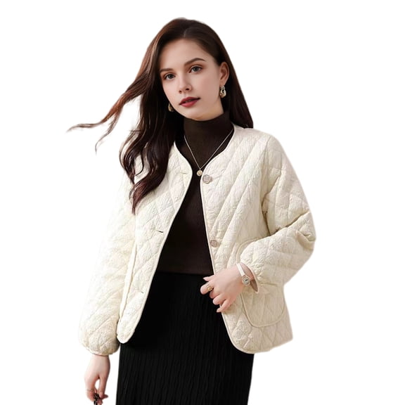Women Single-breasted Jacket Solid Color Rhombus Checkered Coat Autumn Winter Loose Imitation Silk Cotton Padded Jacket for Everyday Wear