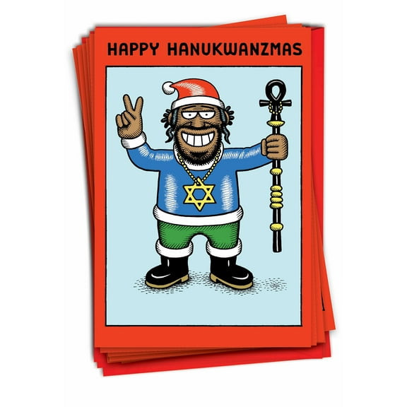 12 Funny Christmas Cards Pack (1 Design, 12 Cards) - Hanukawanzamas Cartoon