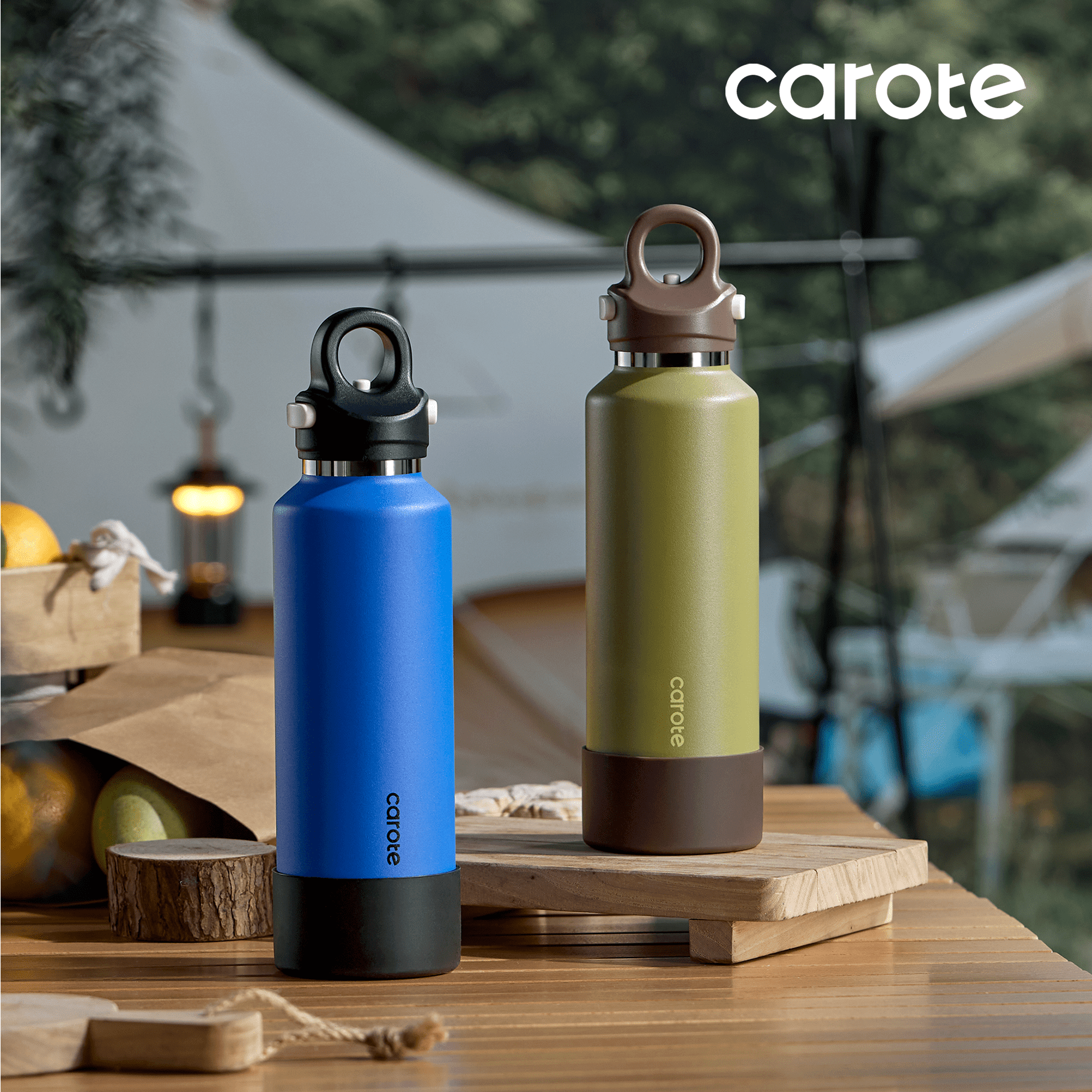 Carote 2pcs One-Click-Open Insulated Stainless Steel Water Bottle Set, 20 fl oz, Blue & Green