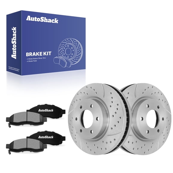 AutoShack Front Vented Drilled & Slotted Silver Zinc Coated Brake Rotors   Ceramic Pads 6-PC Brake Kit Replacement for 2007 Nissan TITAN SilverShield Pro 13.77" (349.7 mm)