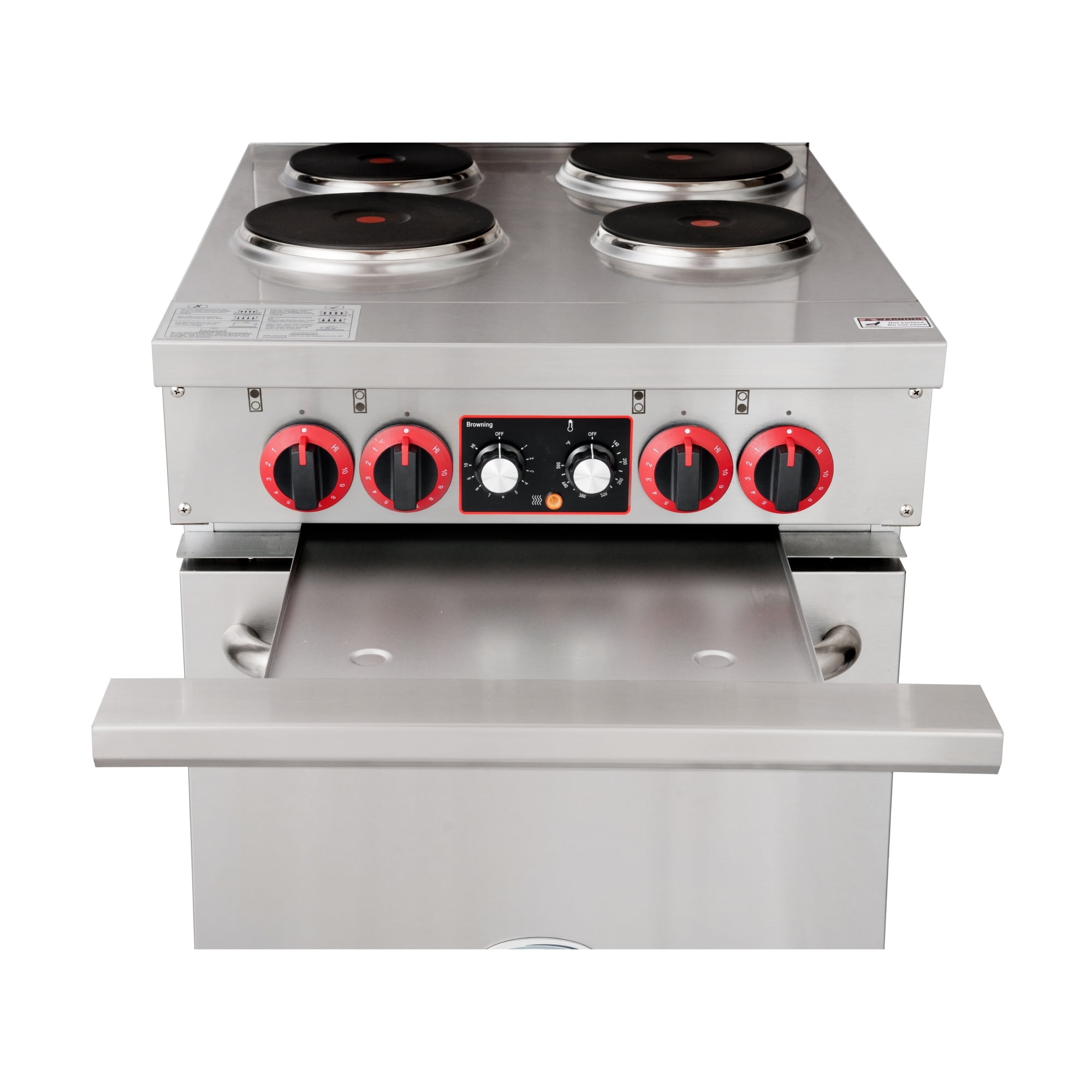24 In. Commercial Electric Range with 4 Burners and 1 Standard Electric Oven in Stainless Steel - 208V 3 Phase