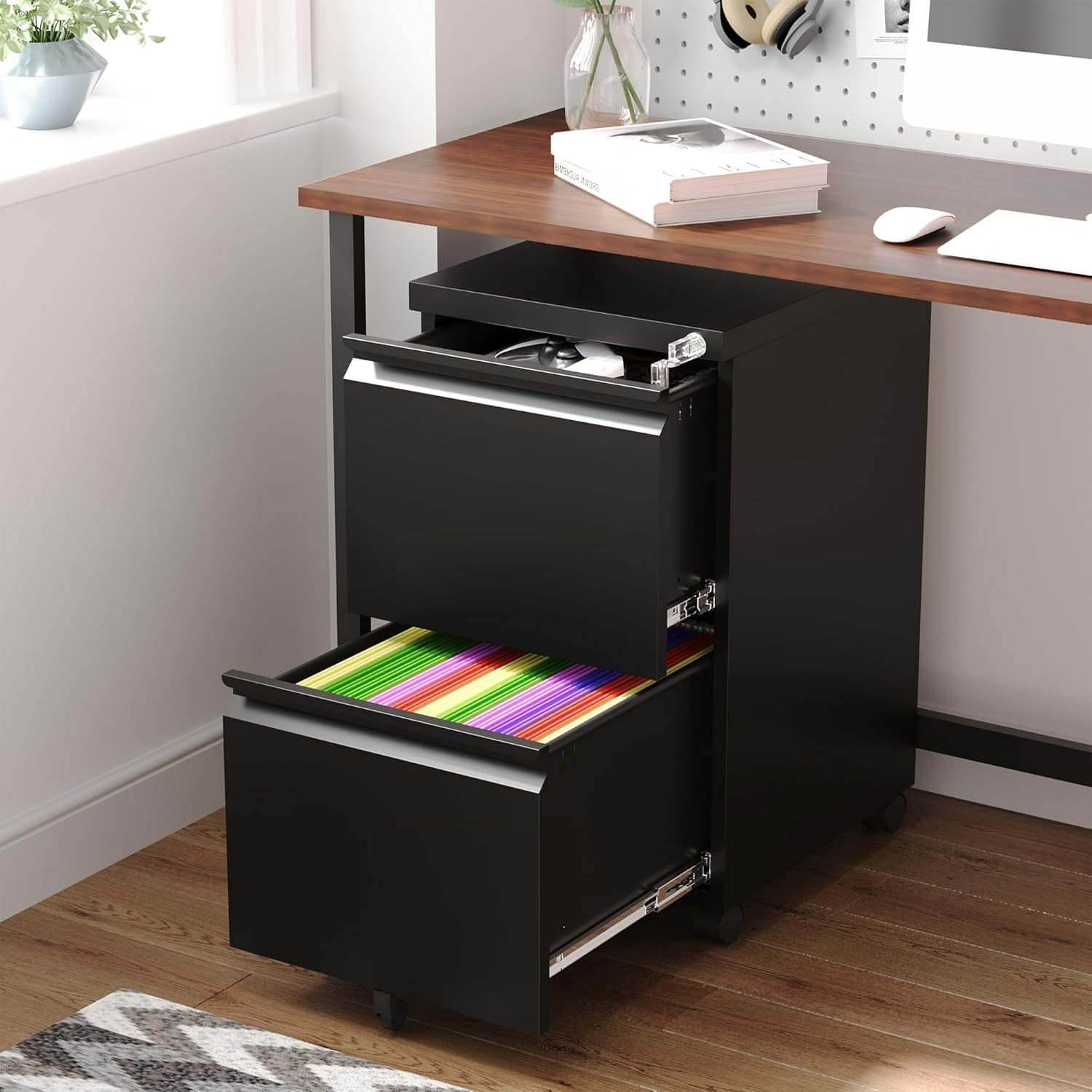 2 Drawer Mobile File Cabinet with Lock, Under Desk Metal Rolling Filing Cabinets for Home Office Organizer Letters/Legal/A4 (Black- Requires Installation)