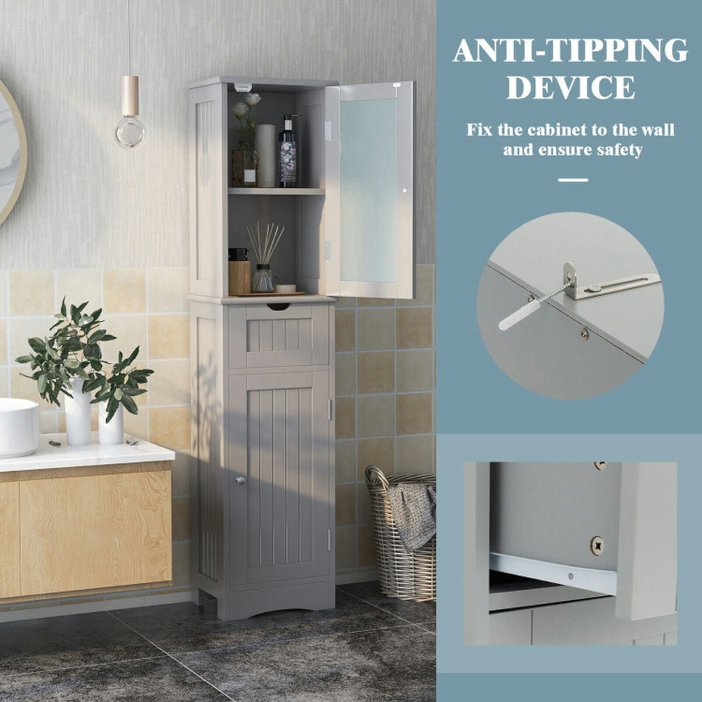 Finihen Storage Cabinet, Floor Cabinet, Tall Floor Storage Cabinet with 2 Doors and 1 Drawer for Bathroom, Living Room, Bedroom, Kitchen, Gray