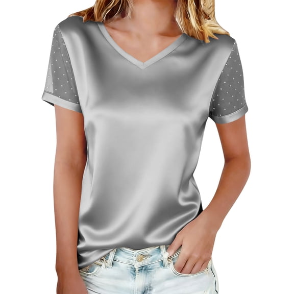 MELDVDIB Womens Silk T-Shirts V-Neck Mesh Short Sleeve Loose Summer Tops Fashion Casual Solid Color Stretch Comfy Tees
