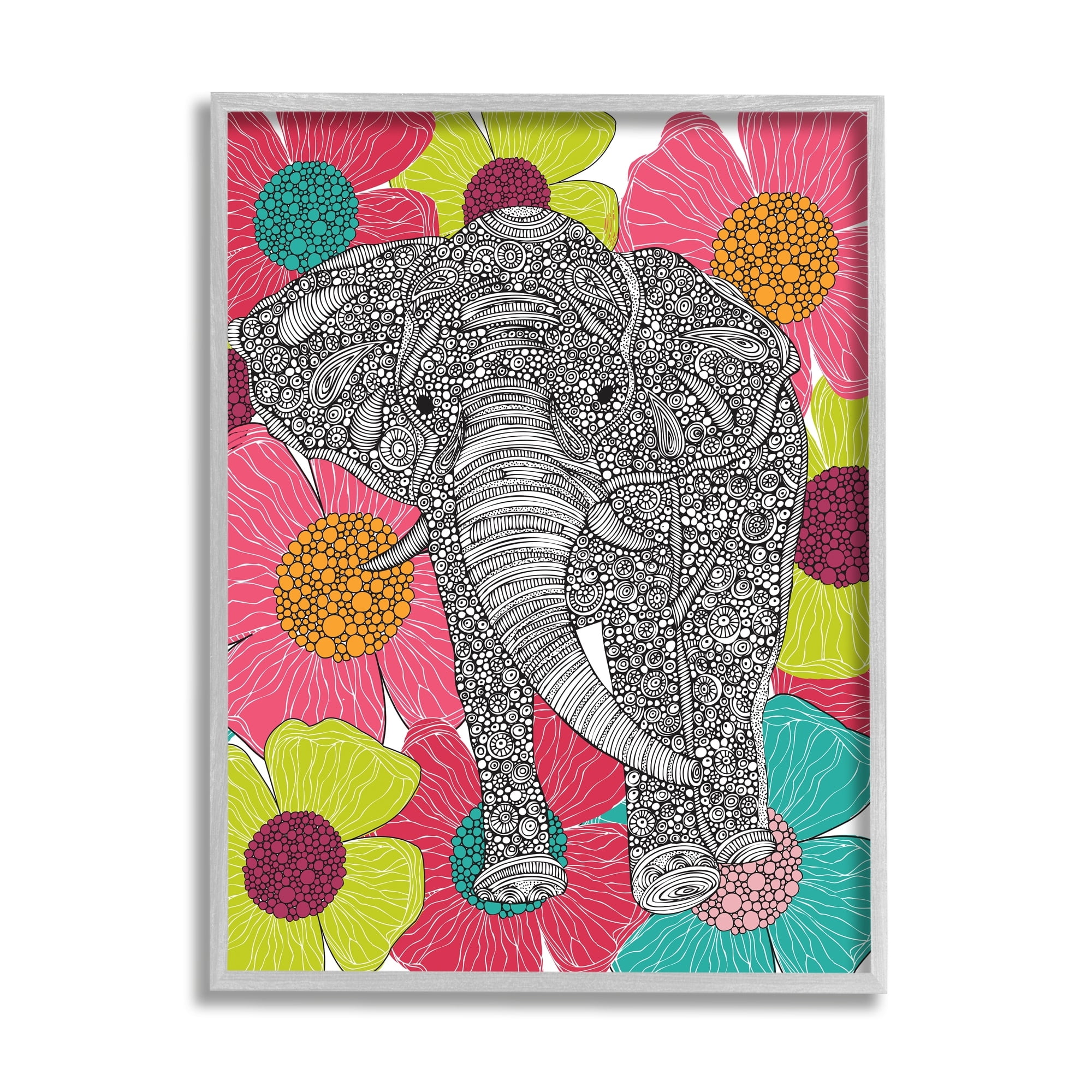 Stupell Industries Bold Modern Elephant Flower Blossoms Intricate Patterns Graphic Art Gray Framed Art Print Wall Art, Design by Valentina Harper